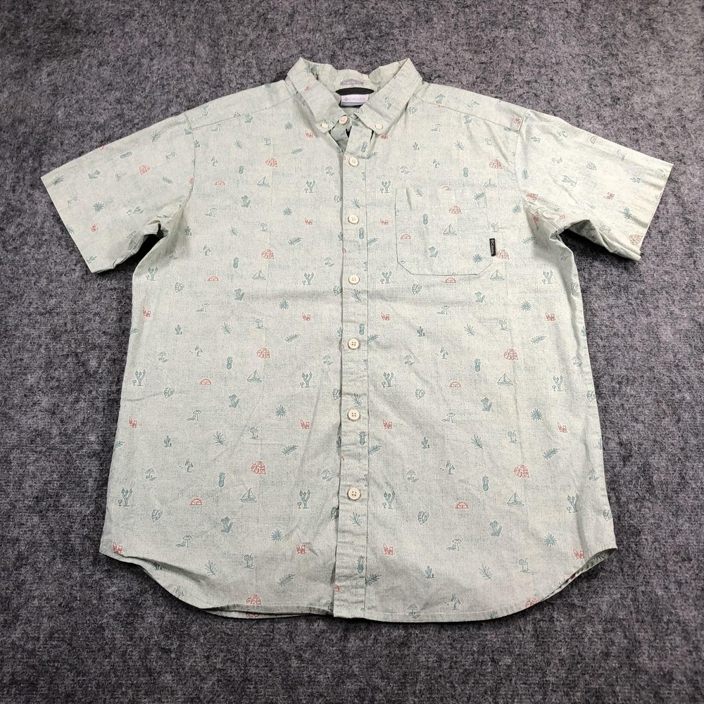 Columbia Shirt Mens L Green Tropical Print Button Down Short Sleeve Beach Casual